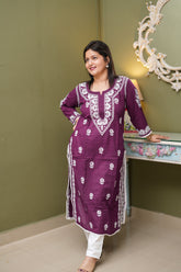 Dobby Cotton Chikankari Kurta with Lace Detailing